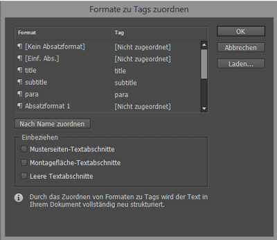 Menü XML-Elementen Formate zuordnen in InDesign